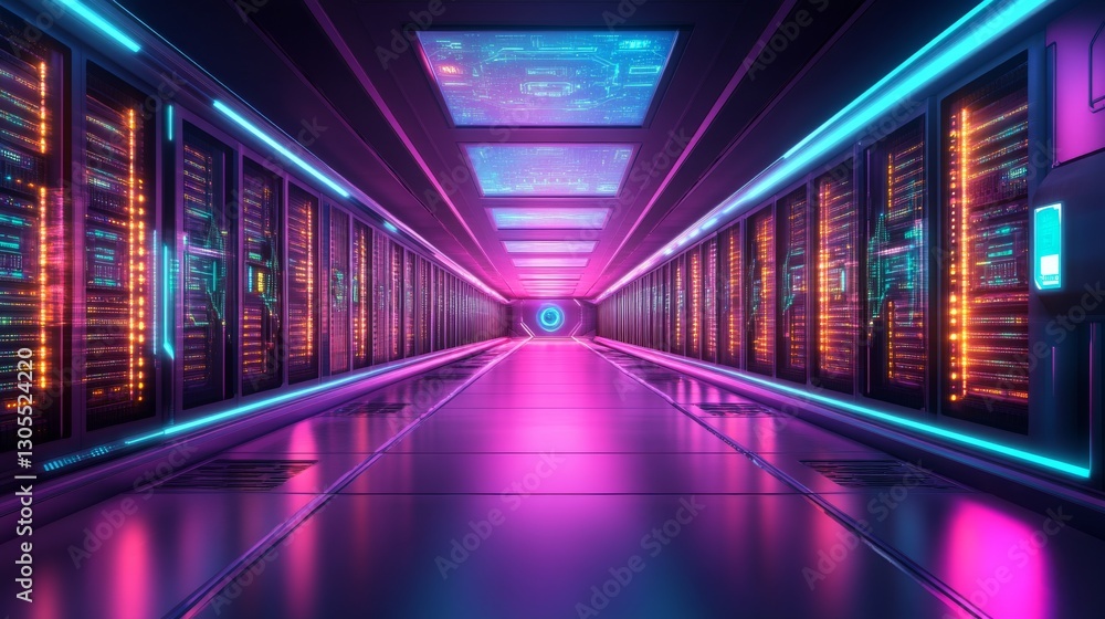 Futuristic data center with vibrant management neon lights. Futuristic data center with vibrant management neon lights.