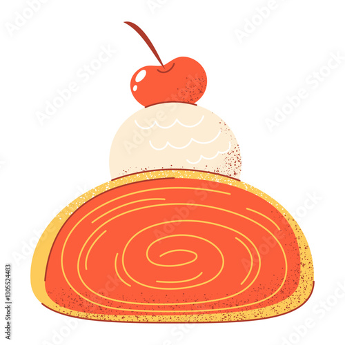 Cherry strudel with scoop of vanilla ice cream and berry, traditional austrian dessert, snack. Vector illustration, flat hand drawn style with texture. Baked food for sticker, bakery, restaurant menu