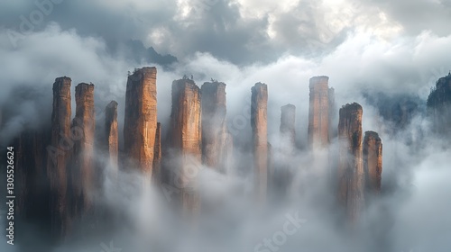 Dramatic Foggy Cityscape of Towering Skyscrapers in Moody Atmosphere