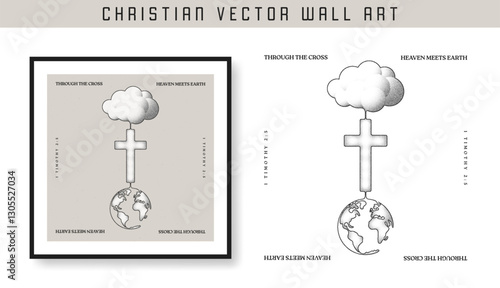 Through the Cross, heaven meets earth. Christian scripture motivation poster and inspirational wall art. Bible verse. Christian quote for inspiration. Vector illustration