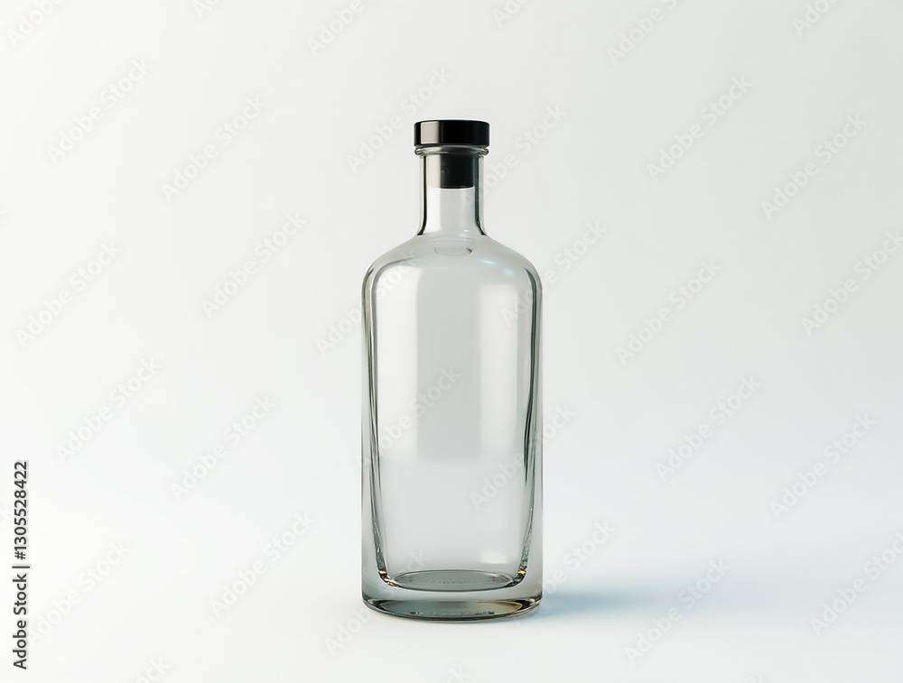 Clear glass bottle with a black cap displayed against a plain background for product showcasing Clear glass bottle with a black cap displayed against a plain background for product showcasing