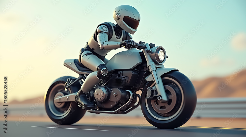 Naklejka premium Robot rider cruising on a sleek motorcycle against a scenic backdrop at sunset