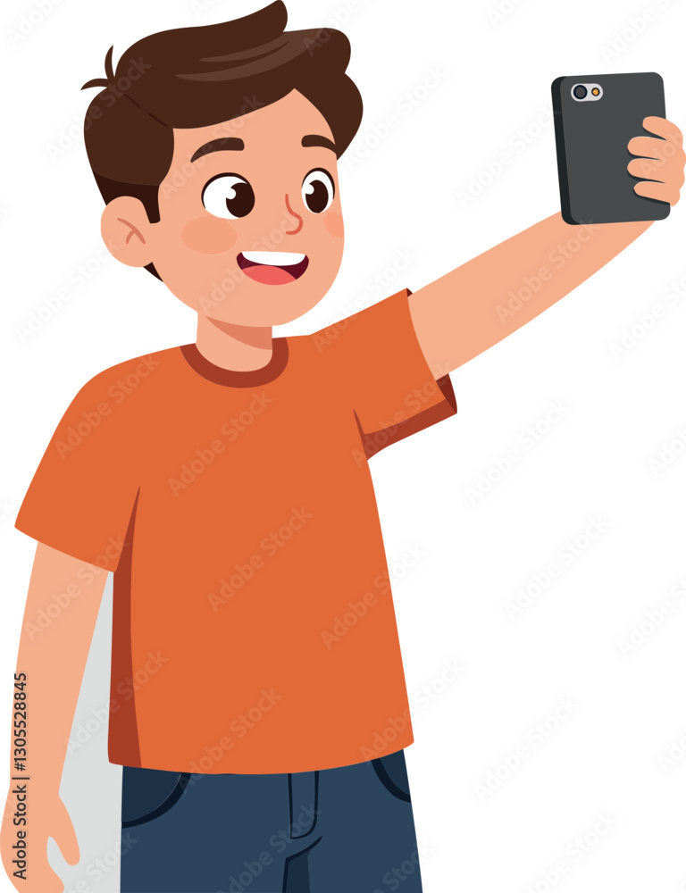 Happy boy taking a selfie with a smartphone in a cheerful, minimal style vector illustration Happy boy taking a selfie with a smartphone in a cheerful, minimal style vector illustration