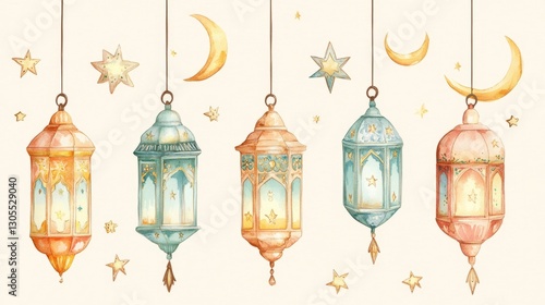 Watercolor festive arabic lanterns hanging, adorned with crescent moons and stars, create a vibrant scene for ramadan or eid al-fitr celebrations