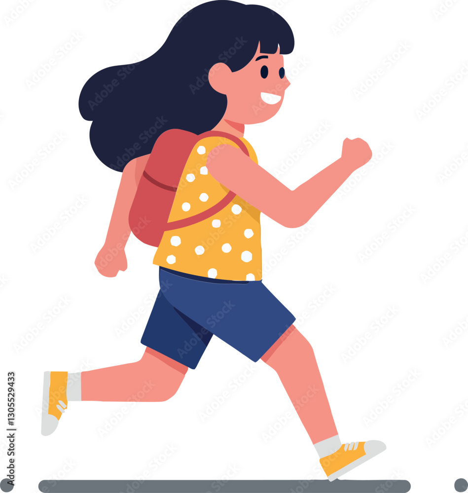 Cheerful girl running energetically with a backpack in a vibrant yellow polka dot shirt, illustrated in a flat vector art style Cheerful girl running energetically with a backpack in a vibrant yellow polka dot shirt, illustrated in a flat vector art style