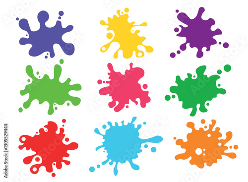 Set of bright blots, spots in cartoon style. Vector illustration of colored spots of different shapes: purple, yellow, green, pink, red, blue, orange isolated on white background. Paint splatters.