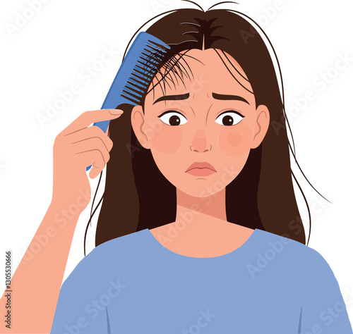 Young woman with brown hair expressing concern while combing her hair in a minimal and flat design vector illustration