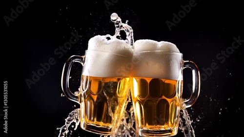 Beer glasses collide on black background
