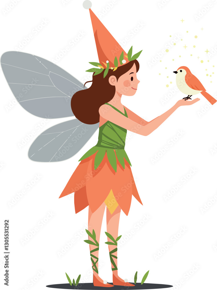 Enchanting fairy with vibrant wings gently interacting with a small bird in a whimsical, flat vector illustration showcasing nature and magic Enchanting fairy with vibrant wings gently interacting with a small bird in a whimsical, flat vector illustration showcasing nature and magic