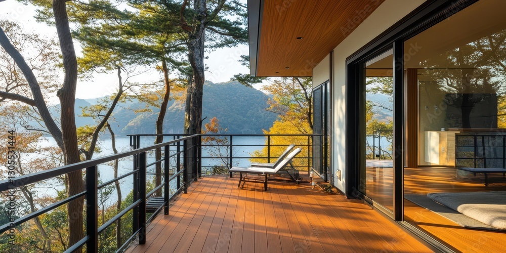 A modern house overlooking a scenic lake and surrounding trees A modern house overlooking a scenic lake and surrounding trees