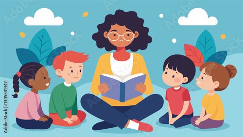 The teacher reads a story about friendship and the students all gather closely around listening intently to the heartwarming tale.. Vector illustration