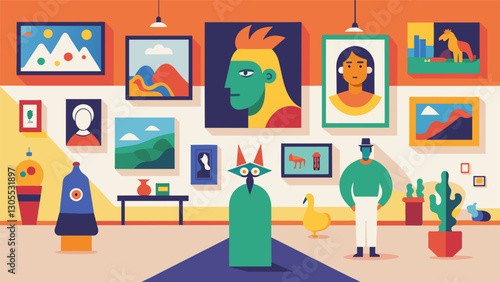 The studio walls adorned with a vibrant collection of paintings and sculptures each one telling a unique story of its creator.. Vector illustration