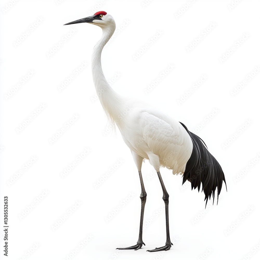A tall, elegant crane with a striking white body and distinctive red crown stands gracefully against a plain background. A tall, elegant crane with a striking white body and distinctive red crown stands gracefully against a plain background.