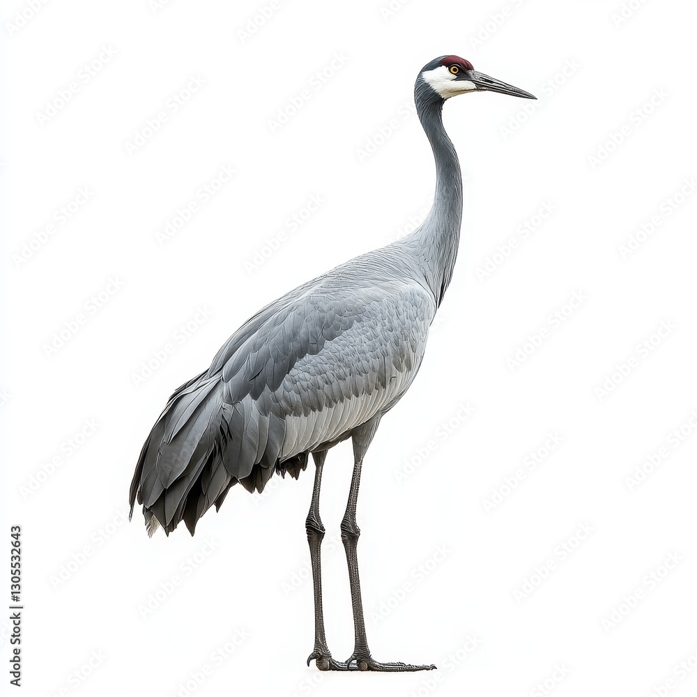 Fototapeta premium A tall, elegant crane stands gracefully, showcasing its long legs, slender neck, and distinctive coloration against a plain background.