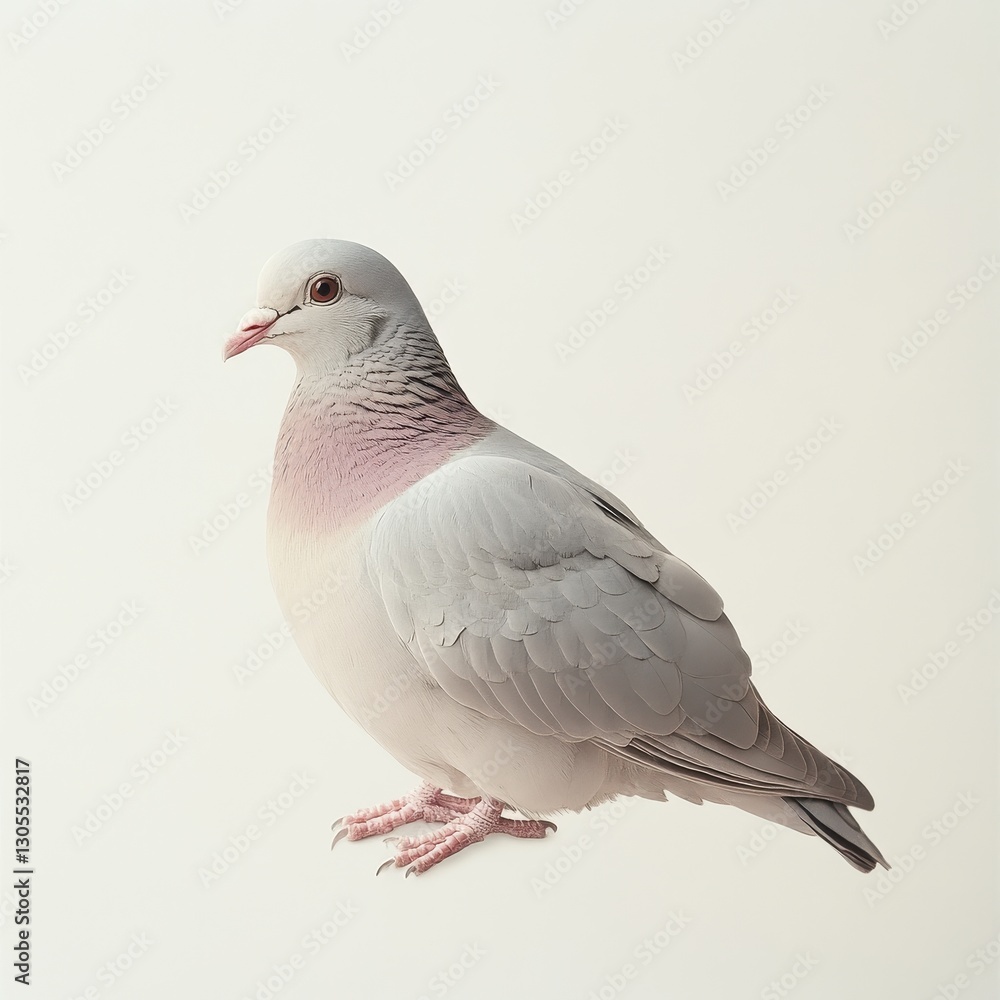 Obraz premium A graceful gray pigeon with a soft pink hue on its neck, standing elegantly against a light background, showcasing its distinct features.