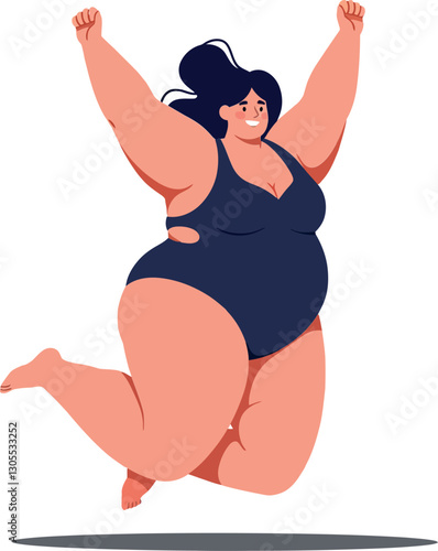 Joyful woman jumping in a black swimsuit celebrating freedom and body positivity in a vibrant flat vector illustration