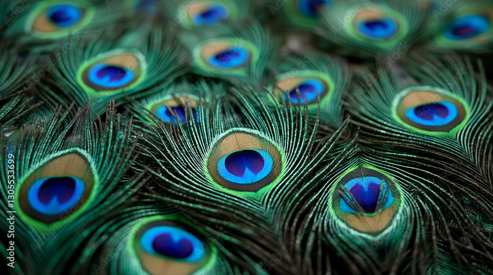 Fototapeta premium Macro Shot of Water Droplets on the Shimmering Tail Feathers of a Peacock
