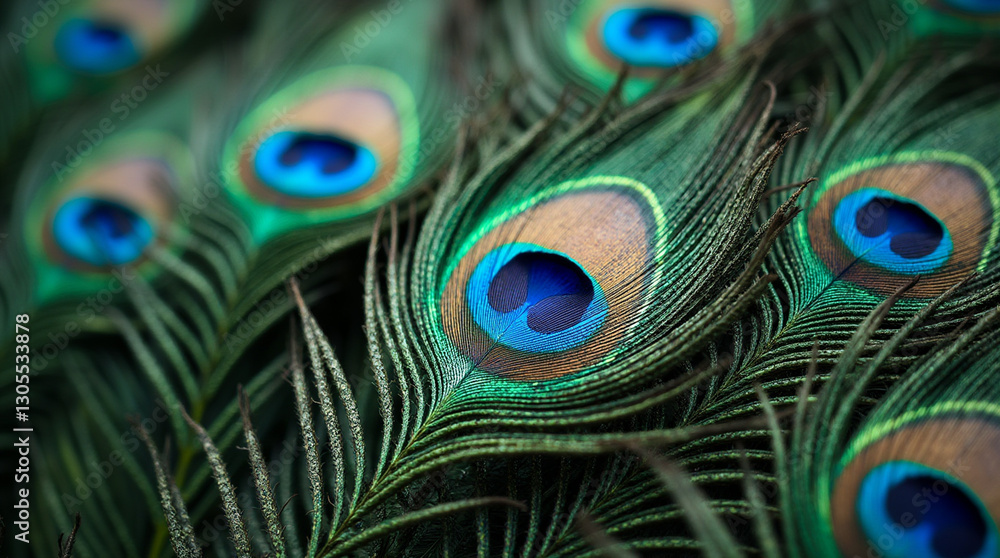 Fototapeta premium Macro Shot of Water Droplets on the Shimmering Tail Feathers of a Peacock