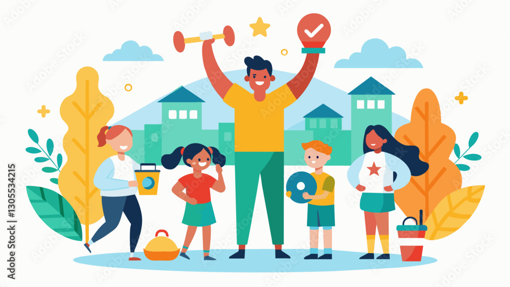 The school community comes together in support of the fitness challenge with parents and community members volunteering their time and resources to make the event a success.. Vector illustration The school community comes together in support of the fitness challenge with parents and community members volunteering their time and resources to make the event a success.. Vector illustration