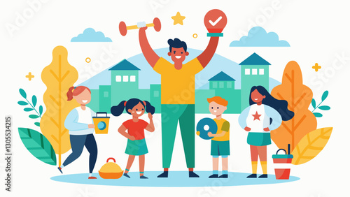 The school community comes together in support of the fitness challenge with parents and community members volunteering their time and resources to make the event a success.. Vector illustration