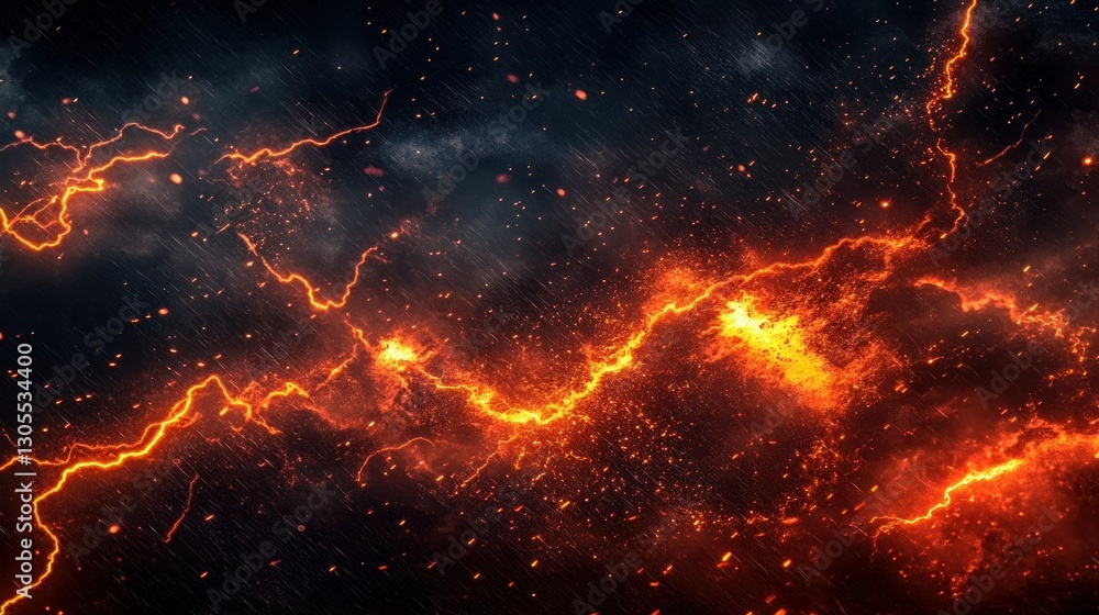Fiery Lightning Strikes Against a Dark Cloudy and Rainy Sky Fiery Lightning Strikes Against a Dark Cloudy and Rainy Sky