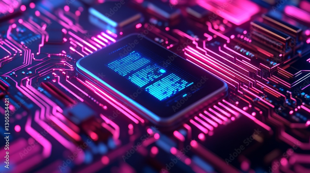 Obraz premium Vivid circuit board with mobile device display.