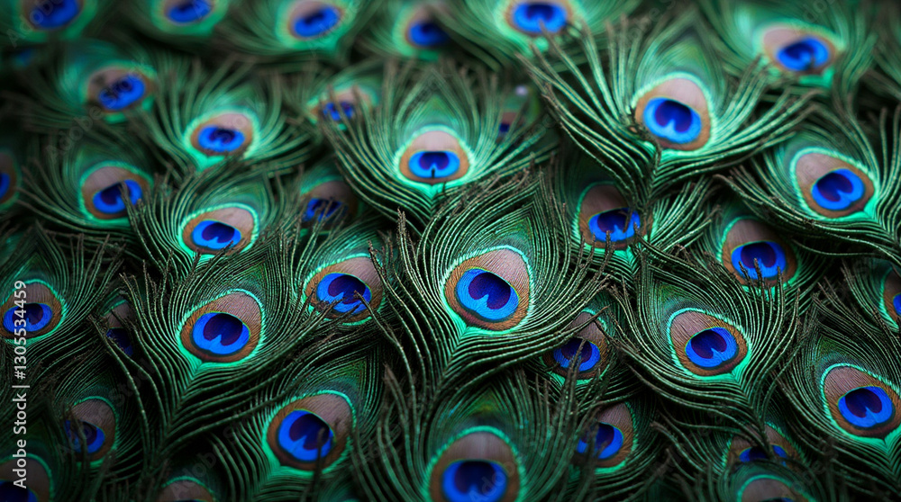 Fototapeta premium Macro Shot of Water Droplets on the Shimmering Tail Feathers of a Peacock