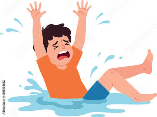 A young boy in an orange shirt splashing in water, expressing surprise and fear, illustrated in a flat cartoon style, vibrant colors, vector illustration