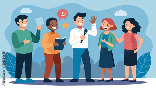 The schools improv club puts on a series of improvised skits using random prompts from the audience to deliver educational messages on various topics.. Vector illustration