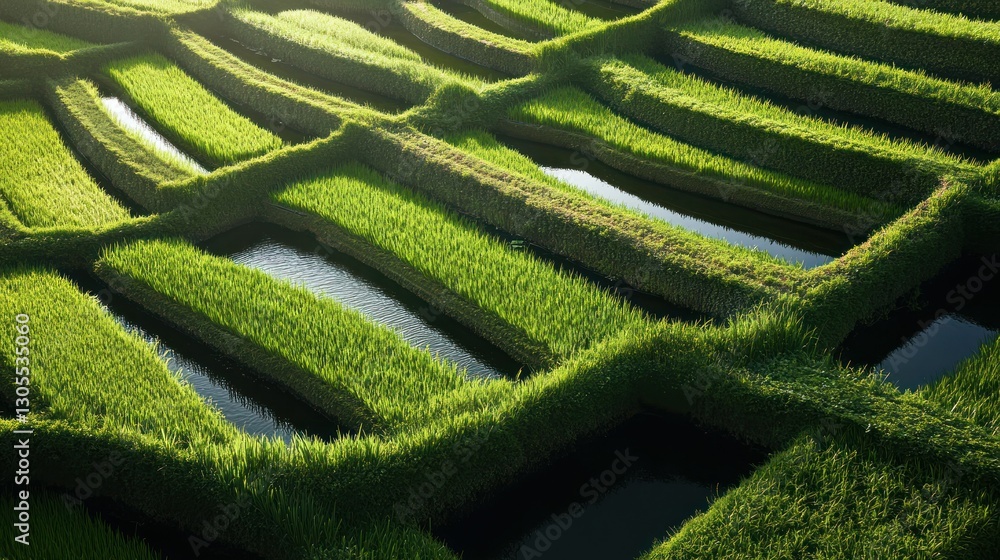 Green rice fields and water channels create a beautiful pattern Green rice fields and water channels create a beautiful pattern