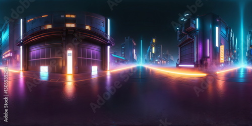 Full 360 degrees seamless spherical panorama HDRI equirectangular projection of Cyberpunk Night City Tron Future. Texture environment map for lighting and reflection source rendering 3d scenes.