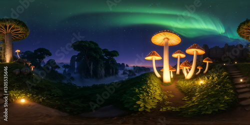 Full 360 degrees seamless spherical panorama HDRI equirectangular projection of surreal fantasy forest mushrooms. Texture environment map for lighting and reflection source rendering 3d scenes.