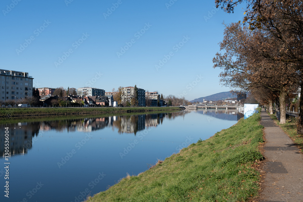 Salzach River on a sunny late fall morning in Salzburg Austria Salzach River on a sunny late fall morning in Salzburg Austria