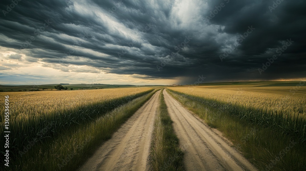 A dirt road extends through a wheat field under a stormy sky A dirt road extends through a wheat field under a stormy sky
