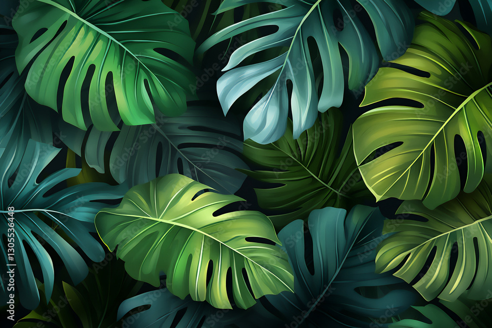 Fototapeta premium dark green foliage background, top view of lush, leafy plants in a forest,