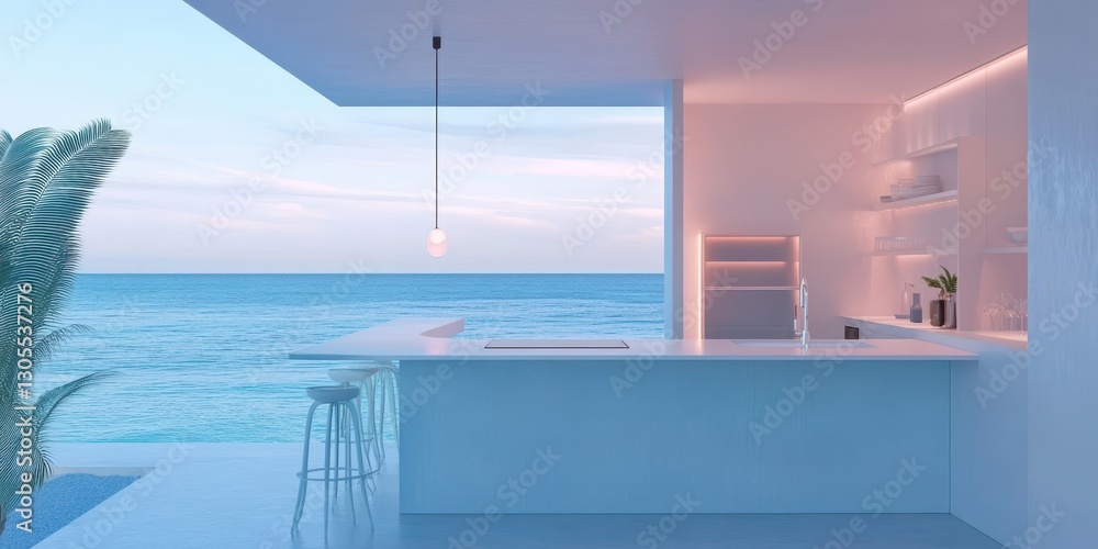 Fototapeta premium An open kitchen facing the sea and a beautiful clear sky
