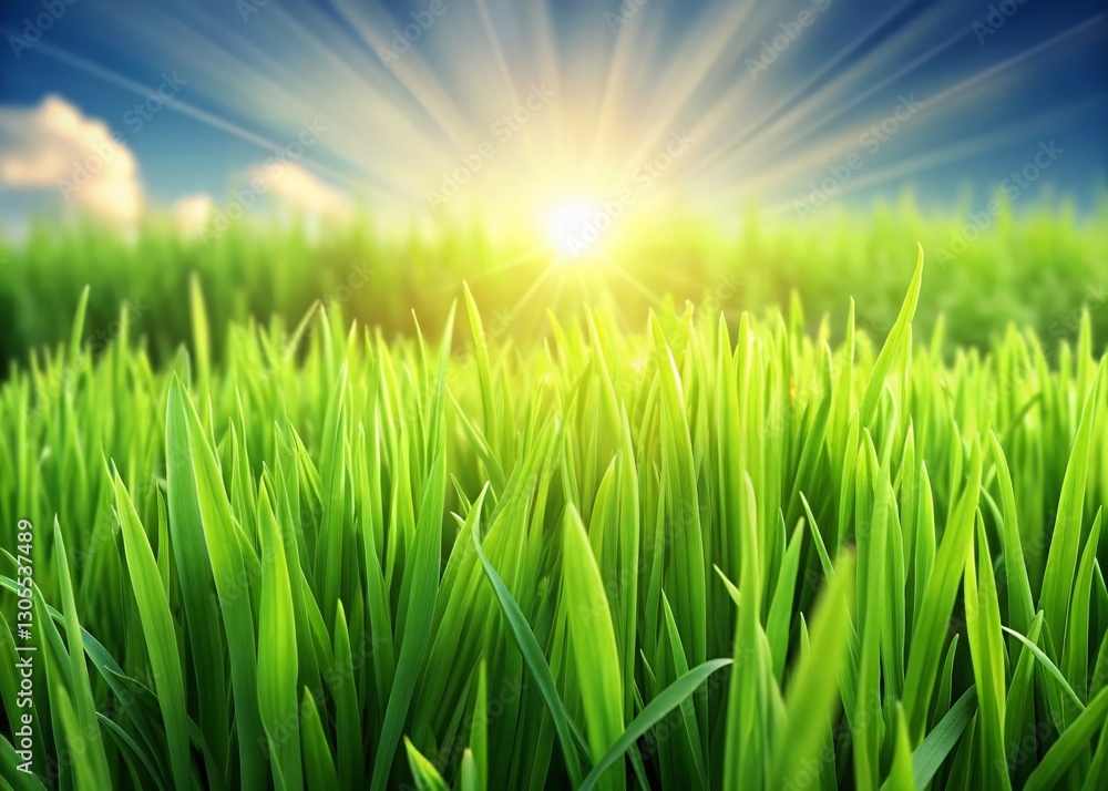 Fototapeta premium Lush Green Grass Field, 45% Coverage, High Depth of Field Stock Photo