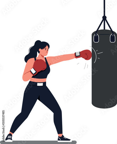 A determined woman in sports attire delivering a powerful punch to a hanging punching bag in a flat vector illustration showcasing strength and focus