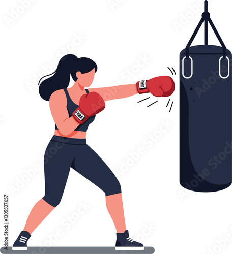 A determined woman delivering a powerful punch to a heavy bag in a flat vector illustration showcasing strength and focus in a fitness setting