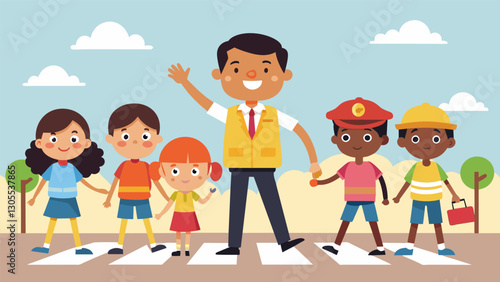 With a whistle in hand the school crossing guard directs a parade of children each holding hands with their classmates and following her lead.. Vector illustration