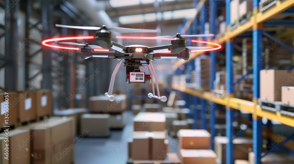 Drone flies in a warehouse. Boxes are stacked on shelves. Automated delivery system in a storage space. Shipping technology concept. Modern cargo management. Drone flies in a warehouse. Boxes are stacked on shelves. Automated delivery system in a storage space. Shipping technology concept. Modern cargo management.