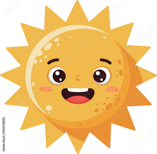 Cheerful smiling sun with a friendly face, bright yellow rays, and a playful cartoon style, exuding warmth and joy in vibrant vector art