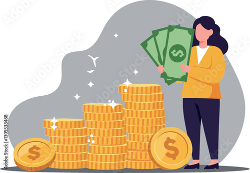A confident businesswoman holding cash beside towering stacks of gold coins in a flat design vector illustration emphasizing financial success and prosperity