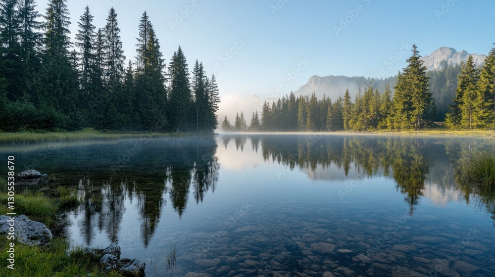 A serene lake reflecting trees and a distant mountainous landscape A serene lake reflecting trees and a distant mountainous landscape
