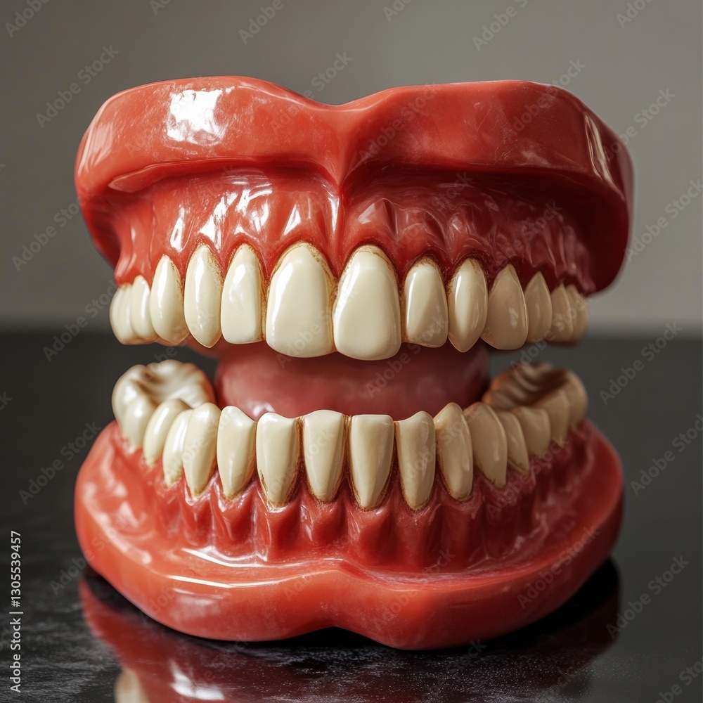 Obraz premium Model of human teeth and gums displayed on a dark surface in a clinical setting