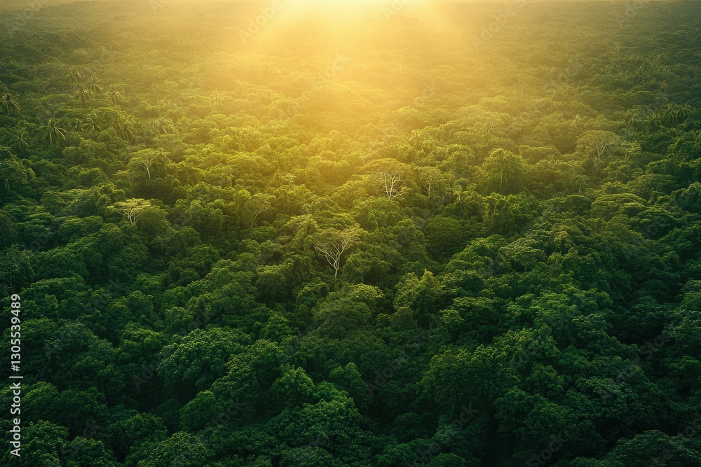 Fototapeta premium Amazon forest at sunset or sunrise, viewed from above with an adventure vibe