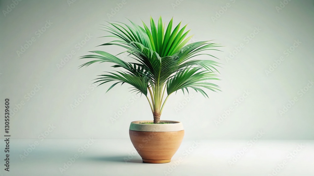 Lush Green Palm Plant in Round Ceramic Pot - White Background Stock Photo Lush Green Palm Plant in Round Ceramic Pot - White Background Stock Photo