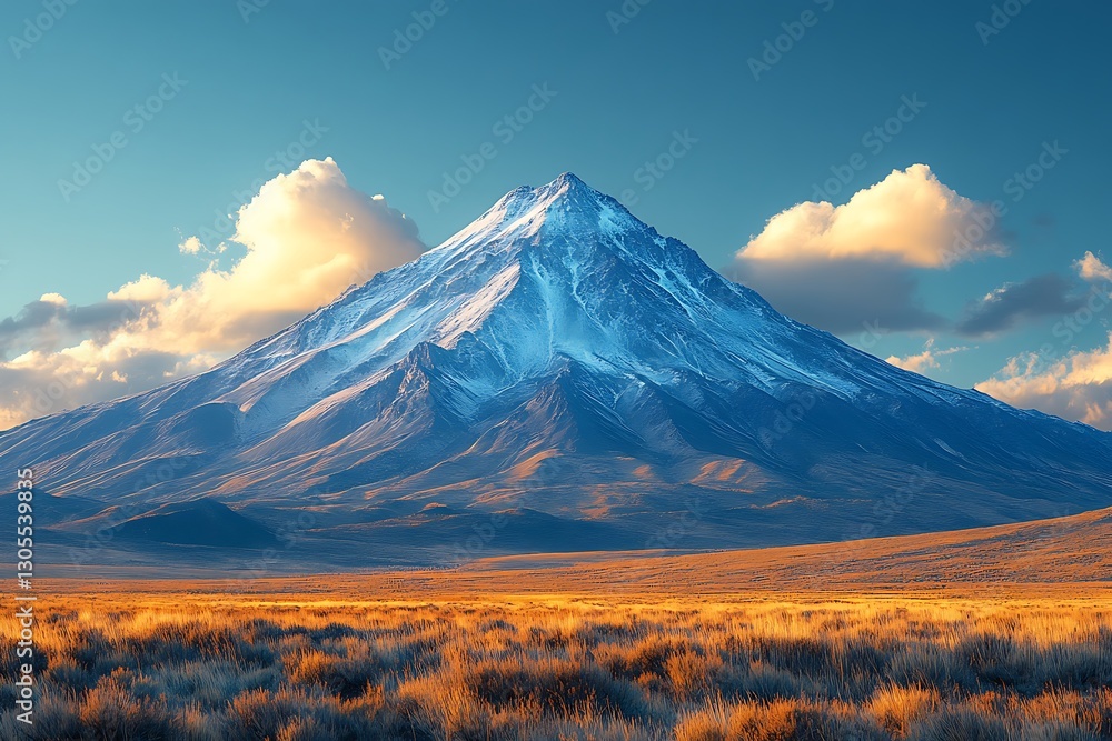 A snow-capped mountain towers over a vast golden field under a blue sky. A snow-capped mountain towers over a vast golden field under a blue sky.