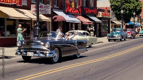 Vintage video scene of classic cars cruising a retro street, captured from a low-angle, showcasing 1950s diners and storefronts.