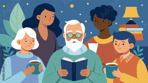 The comfort of familiar faces and the warmth of a freshly brewed cup of coffee the perfect setting for seniors to relax and let their creativity flow through poetry.. Vector illustration